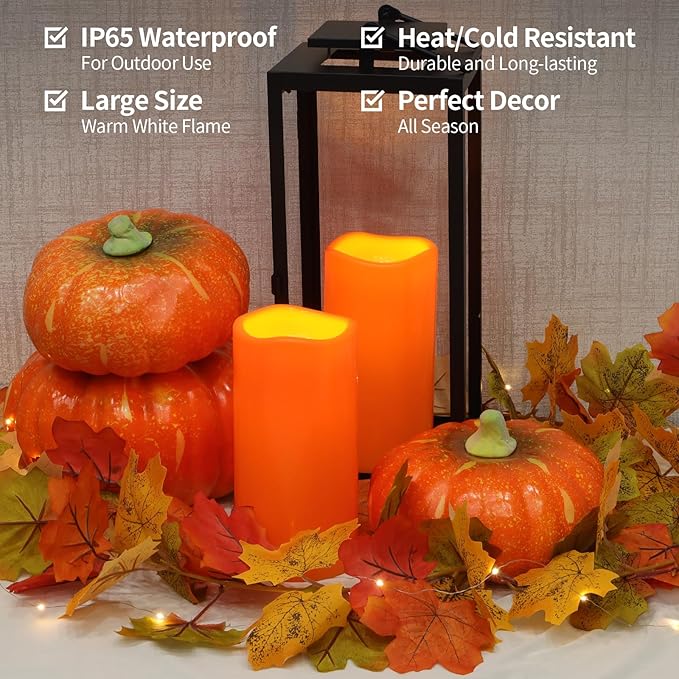 NURADA 8" x 4" Large Outdoor Flameless Candles - Waterproof LED Pillar Flickering Candle Battery Operated with Timer Remote for Patio Porch Lanterns Halloween Thanksgiving Fall Decor - 2 Pack Orange