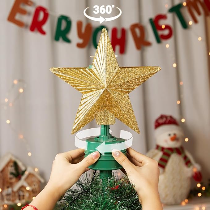 Christmas Star Tree Topper with 4 Projection Modes, Rotating 7 Color Gradient Tree Topper with Built-in LED Rotating Lights, Tree Top with Golden Spangles Plated Plug in for Christmas Decorations