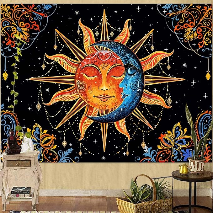 Lunerfex Sun and Moon Tapestry Mandala Wall Tapestry, Cute Tapestries for Bedroom Ceiling Tapestries Wall Hanging for Bedroom Living Room Decor Sun-1 70"x90"