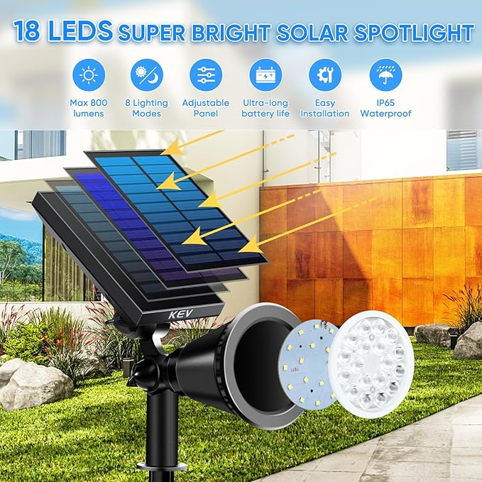 KEV 800 Lumens Solar Spot Lights Outdoor,18 LEDs Solar Flood Lights with 2 Modes &Adjustable &IPX65 Waterproof,Solar Spotlight for Driveway/Backyard/Patio Landscape/Tree/Garage(Cool White, 2 Pack)