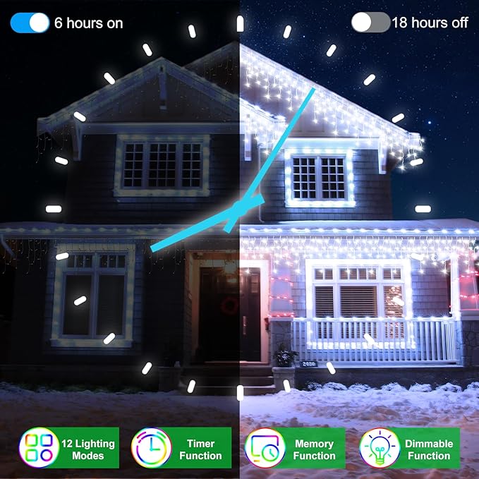 60FT 612 LED Outdoor Christmas Lights - 136 Ice Drops, 12 Pro Modes with Timer Memory & Brightness, Waterproof Hanging Ice String Light for Holiday Wedding Garden Fence House Decor (Cool White)
