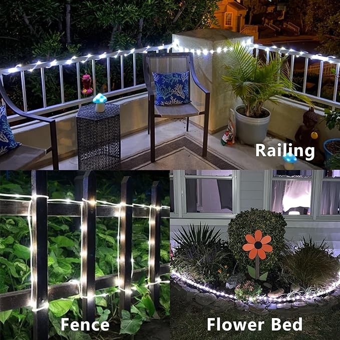 YEGUO 2 Packs Each 33ft 100 LED Solar Rope Lights Outdoor Waterproof, White String Lights for Outside, 8 Modes Fairy Lights in Clear Thin Tube for Camping Fence Patio Garden Trampoline Deck