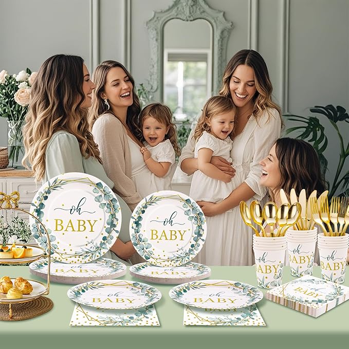 350 Pcs Sage Green Baby Shower Decorations, Baby Shower Plates and Cups and Napkins Sets Serves 50, Oh Baby Plates with Gold Dots for Boho Baby Girl Boy Neutral