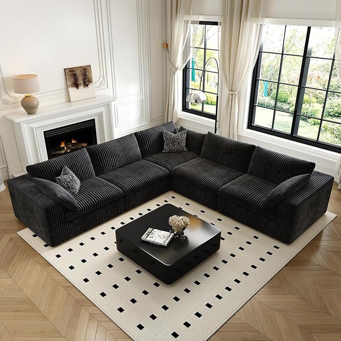 118" Cloud Couch Oversized Modular Sectional Sofa for Living Room,Modern Sofa with Deep Seat,V Shaped Boneless Couch,Comfy Upholstered Corduroy Couches for Apartment, Studio, Office,Bedroom,Black