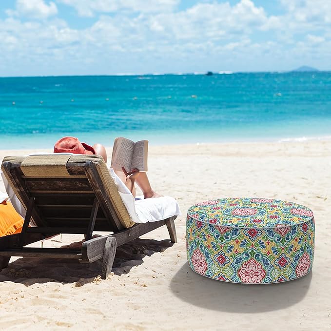 LVTXIII Indoor/Outdoor Inflatable Ottoman, D31 x H14 Inch Large Round Ottoman, All Weather Foot Rest Stool, Portable Footrest for Patio, Garden, Camping and Home - Damask Red