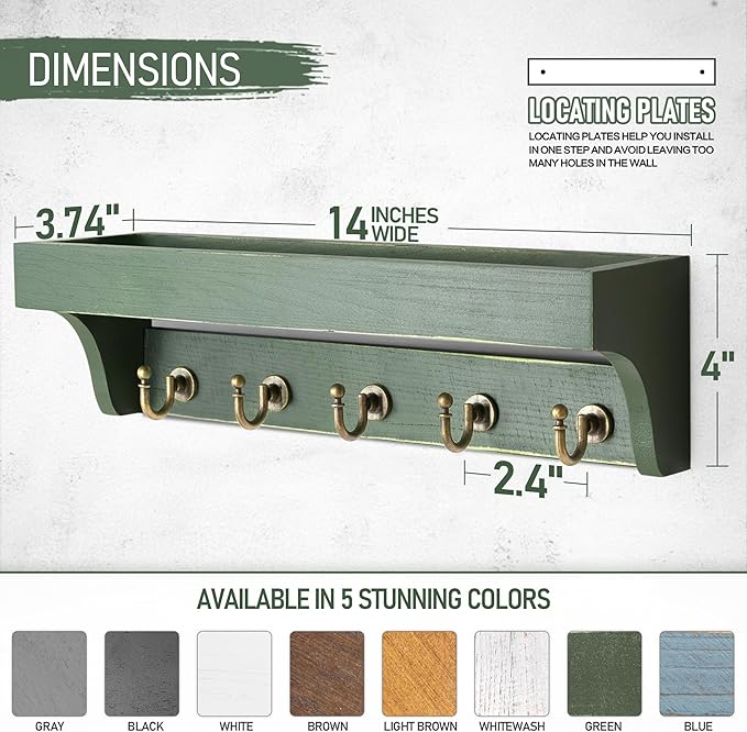 Rebee Vision Farmhouse Pine Wood Key Holder Wall Mount with Shelf for Home Improvement - Rustic Wall Mail Holder for Farmhouse Room Decor - Perfect Mail Organizer for Home (Green)