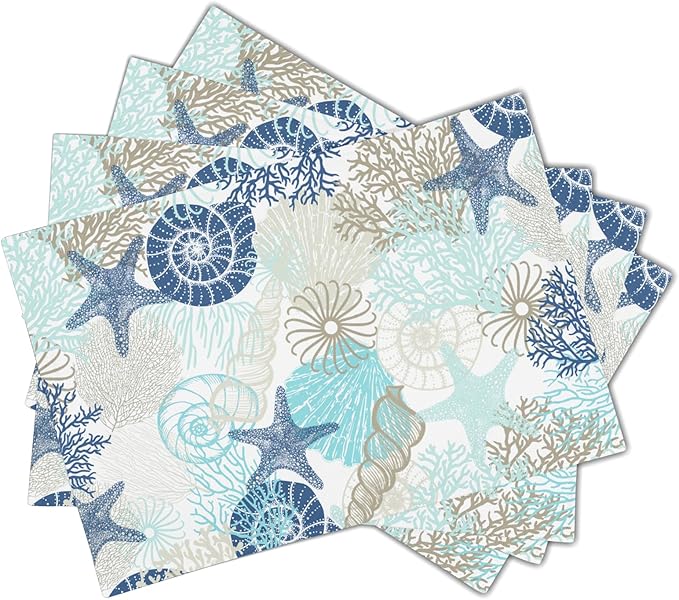 Summer Ocean Placemats Set of 4 Nautical Coastal Blue Starfish Seashell Coral Washable Non-Slip Heat Resistant Place Mats 12x18 Inch Beach Theme Linen Table Mats for Home Kitchen Dining Party Decor