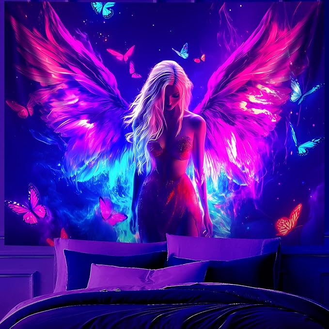 Blacklight Tapestry,WingTapestry Glow In The Dark,UV Reactive Black Light Upright Posters Wall Hanging for Bedroom Dorm Living Room Backdrop Decor (wing6, 79L" x 59W")