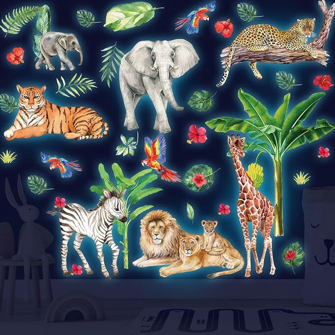 Glow in The Dark Jungle Animals Wall Decals,Glowing Luminous Safari Animals Wall Stickers Removable self-Adhesive Forest Tiger Elephant Palm Trees Decals for Boys Girls Bedroom Kids Nursery Decoration