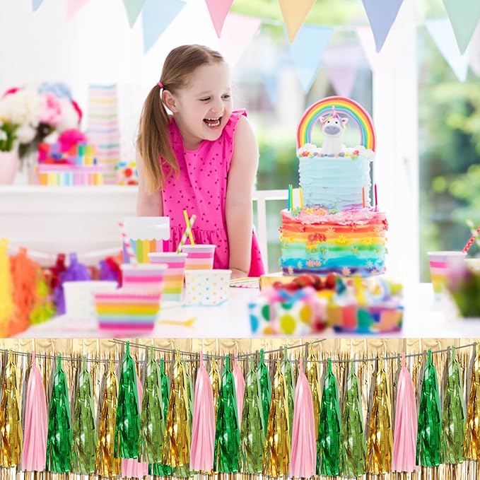 4P Pink-Gold Sage-Green Party-Decorations Foil Fringe Metallic Tassel Streamers Banner Tassel Garland for Parade Floats, Birthday, Bachelorette, Wedding, Halloween, Christmas