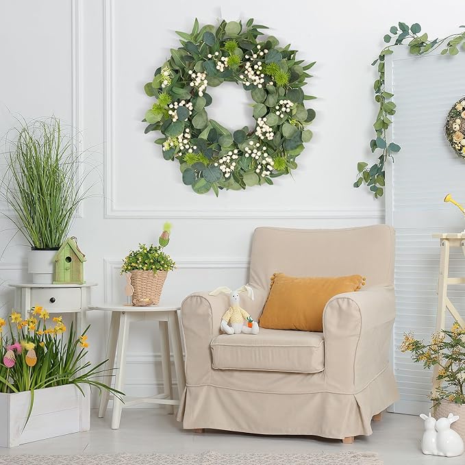 GENMOUS 24Inch Artificial Eucalyptus Wreath for Front Door, Christmas Wreaths with Ivory Berries Silver Dollar, Green Wedding Home Wall Door Hanging Decor All Seasons, Holiday Thanksgiving Halloween