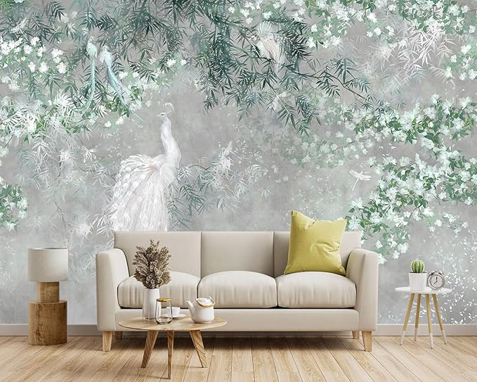 '-Green Leaf Botanical Peacock Fabric Wallpaper Wallpaper Living Room Bedroom Bathroom Grey Plant Large Wall Mural- 160"x108"( not Peel and Stick)