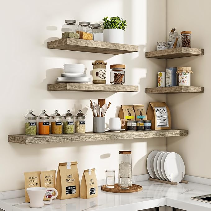 16 Inch Floating Shelves, 3D Textured Wood Grain, 16"x9.25"x1.5" Inch Deep Floating Shelves for Wall, Wooden Shelves for Bathroom, Bedroom, Living Room, Vintage Gray Oak