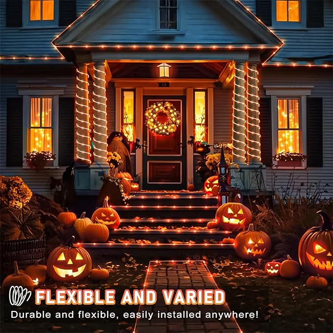 Orange Halloween Lights, 66FT 200 LED Rope Lights for Outside Waterproof with 8 Modes, Connectable Tube String Lights for Indoor, Garden, Backyard, Patio, Deck, Pool, Tree Decorations