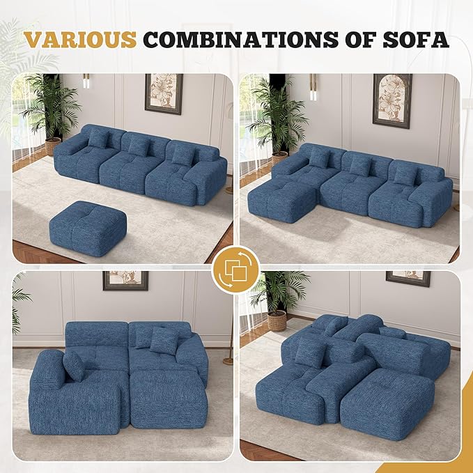 122" Modern L Shaped Modular Sectional Sofa, Boneless Couches for Living Room with Ottoman,4 Seater Convertible Chenille Cloud Couch Sofa Set, No Assembly Required, Blue 1 PCS
