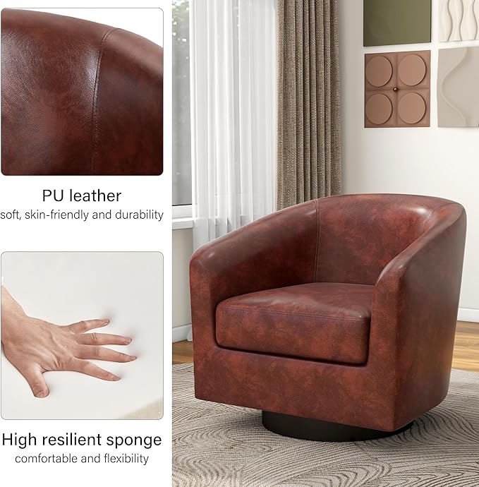 Swivel Barrel Accent Chair, Modern Round Faux Leather Arm Chair for Living Room, Bedroom, Comfy Club Reading Chairs for Adults(Faux Leather, Red Brown, Set of 2)