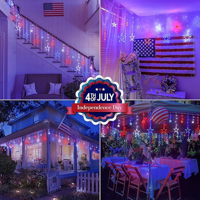 4th of July Patriotic Star Icicle Lights,8.2ft 126LED red White and Blue Curtain String Waterproof, 8 Modes with Timer Connectable Independence Day Decorations Window Lights for Outdoor Indoor