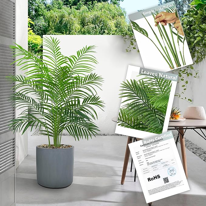 Artificial Palm Tree Indoor Plant 5FT Tall Fake Tropical Palm Tree in Pot, Real Bark Design Faux Areca Palm Tree for Home Office Living Room Bedroom Farmhouse Modern Outdoor Topiary Tree (13 Trunks)