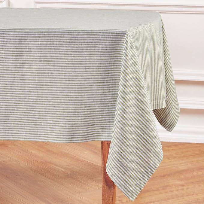 Solino Home Linen Tablecloth 60 x 108 Inch - Narrow Stripe 100% Pure Linen Avocado and White Table Cloth for Rectangle Tables - Machine Washable Tablecloth for Fall, Autumn, Thanksgiving