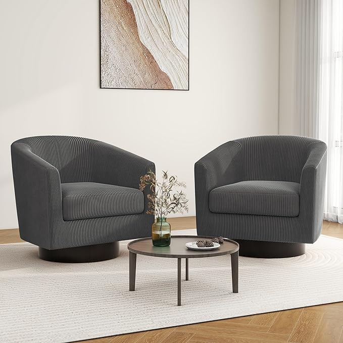 Swivel Barrel Accent Chair, Modern Round Corduroy Fabric Arm Chair for Living Room, Bedroom, Comfy Club Reading Chairs for Adults (Corduroy Grey, Set of 2)