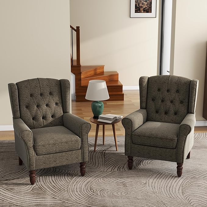 UIXE High Back Accent Chairs Set of 2, Upholstered Armchair in Fabric, Retro Wingback Arm Chair for Living Room, Comfy Single Sofa Bedroom Reading Seat with Solid Wood Legs - Taupe