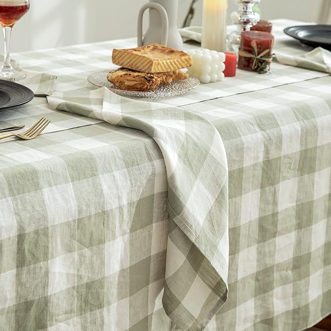 EVERLY 100% Yarn-Dyed Linen Rectangle Tablecloths 60x84Inches for Dining,Buffet Parties,Picnic,Events and Restaurants,Decorative Halloween,Thanksgiving Machine Washable Tablecloths-Sage Green Plaid