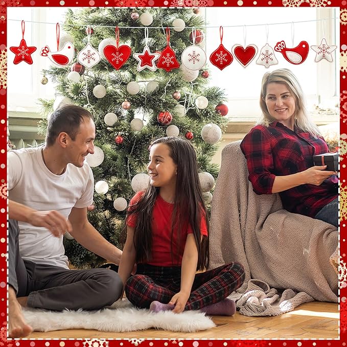 12 Pcs Christmas Felt Ornaments for Tree 3D Snowflake Hanging Decorations Classic Red White Hanging Felt Craft for Christmas Party Favors Gifts