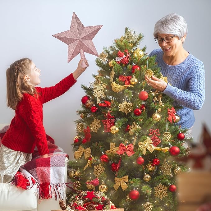 Christmas Tree Top Ornament, 10" Rose Gold Christmas Star Tree Topper, Large Xmas Glitter 3D Bethlehem Tree Topper Ornament, Waterproof Holiday Christmas Tree Topper Star for Home Indoor Outdoor