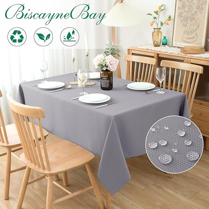 Biscaynebay Textured Fabric Tablecloths 60x84 Inches Rectangular, Silver Grey Water Resistant Spill Proof Tablecloths for Dining, Kitchen, Wedding and Parties, Machine Washable
