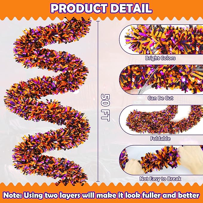 50FT Halloween Decorations Tinsel Garland, Orange Purple Black Shiny Metallic Tinsel Twist Hanging Streamers Garland for Halloween Birthday Home Tree Banister Indoor Outdoor Party Decor Supplies