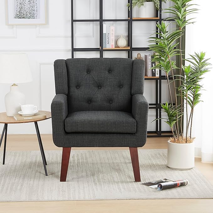 Accent Chair Button-Tufted Upholstered Living Room Chairs Comfy Reading Chair Mid Century Modern Chair with Linen Fabric Lounge Arm Chairs for Living Room Bedroom (Dark Grey)