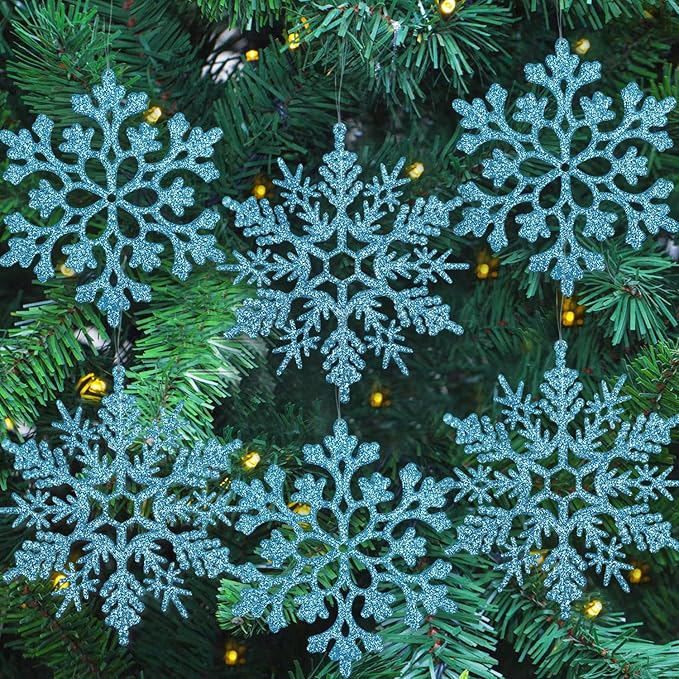 6pcs Large Snowflakes Ornaments Blue 12” Big Plastic Glitter Snowflake for Winter Indoor Outdoor Christmas Tree Window Room Decorations Giant Craft Snowflakes