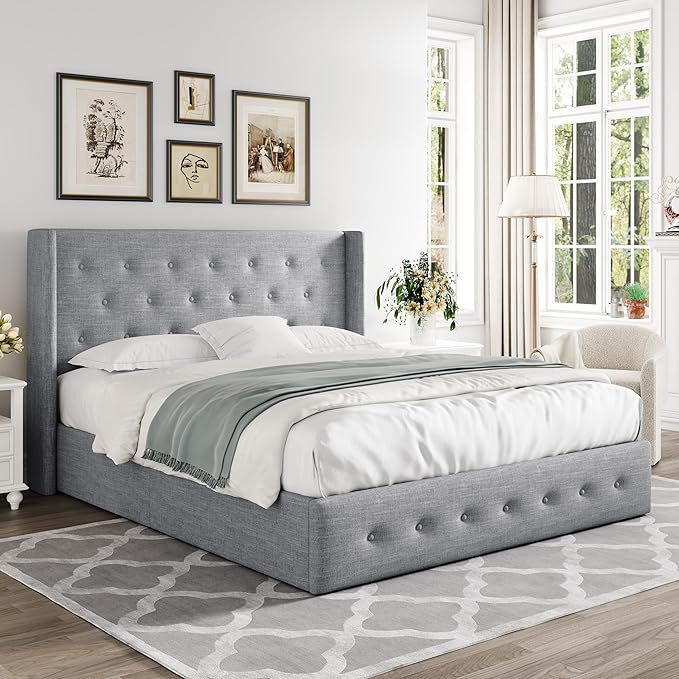 Allewie Full Size Lift Up Storage Bed, Button Tufted Headboard with Wingback, Hydraulic Support, No Box Spring Needed, Light Grey