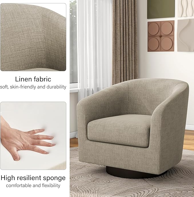 Swivel Barrel Accent Chair, Modern Round Linen Arm Chair for Living Room, Bedroom, Comfy Club Reading Chairs for Adults(Linen Fabric, Light Brown, Set of 4