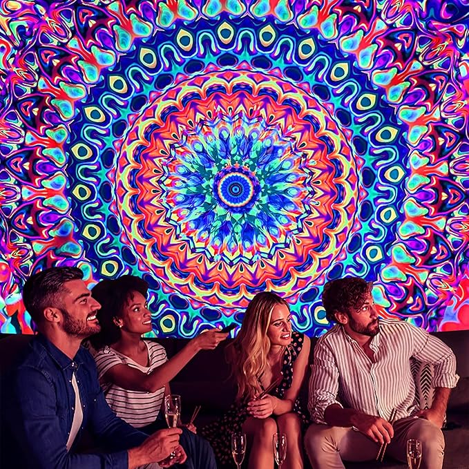 OSVINO Blacklight Colorful Mandala Tapestry 59"x51" Kaleidoscopic Trippy Room Decor Black Light Poster Bohemian Wall Decor for Bedroom Backdrop Decor
