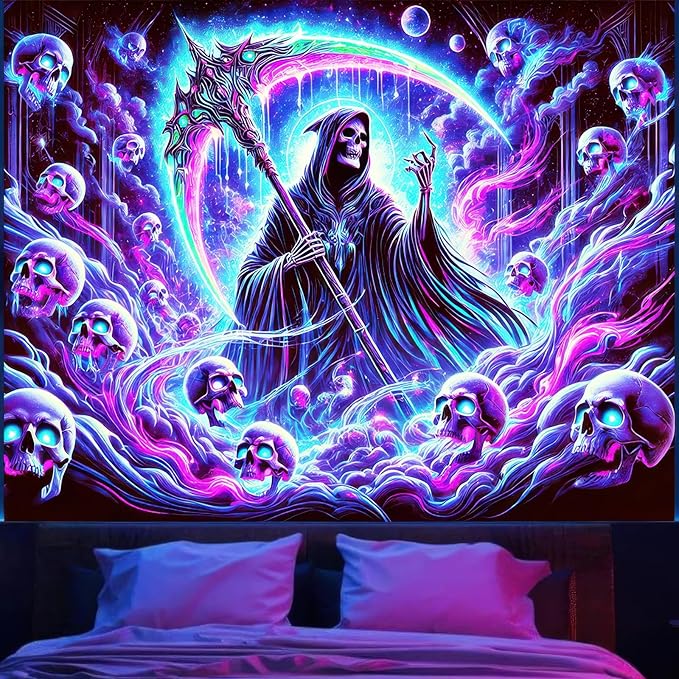 BlissYard Blacklight Skull Tapestry UV Reactive Tapestry 78x59 Inch Grim Reaper Gothic Skeleton Wall Tapestry Glowing Tapestry Large Neon Tapestry Wall Hanging for Living Room Bedroom Decor Teens