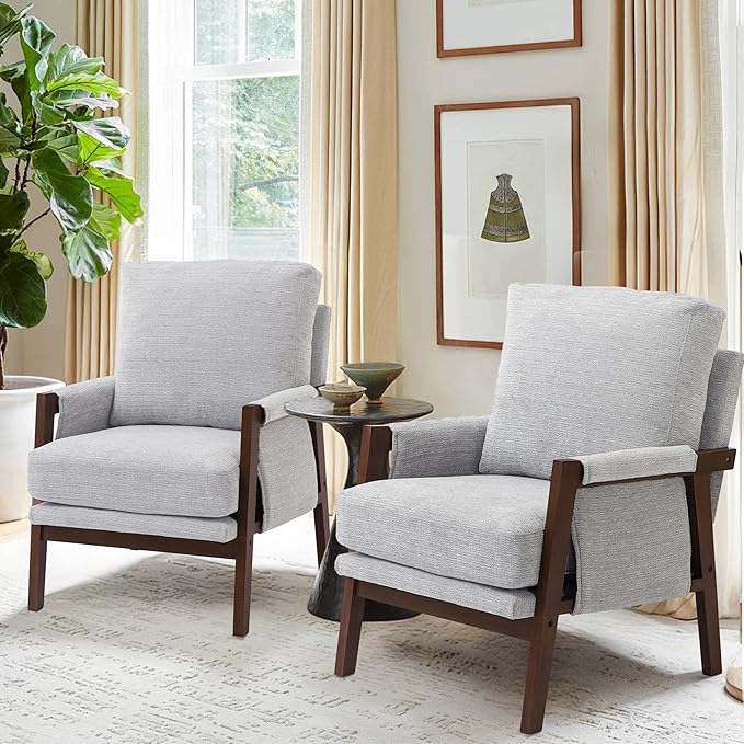 Modern Accent Chairs Set of 2 for Living Room Mid Century Arm Chairs Upholstered Bedroom Chairs Comfy Lounge Chairs with Solid Wood Frame, White