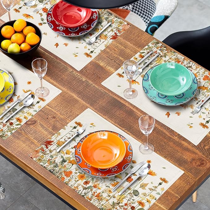 Fall Floral Placemats Set of 4 12x18 Inch Autumn Wildflower Vintage Rustic Washable Non-Slip Heat Resistant Place Mats Thanksgiving Table Mats for Party Kitchen Dining Room