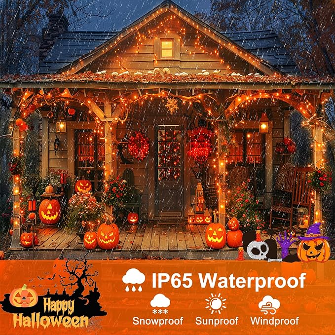 Orange Halloween Lights Outdoor, 100FT 300 LED Halloween String Lights with 8 Modes Waterproof, Plug in Green Wire Twinkle Tree Light for Indoor Patio Yard Party Holiday Decorations