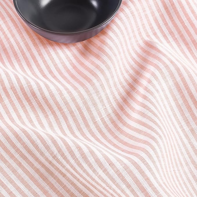 Solino Home Linen Tablecloth 60 x 90 Inch - Narrow Stripe 100% Pure Linen Peach and White Table Cloth for Rectangle Tables - Machine Washable Tablecloth