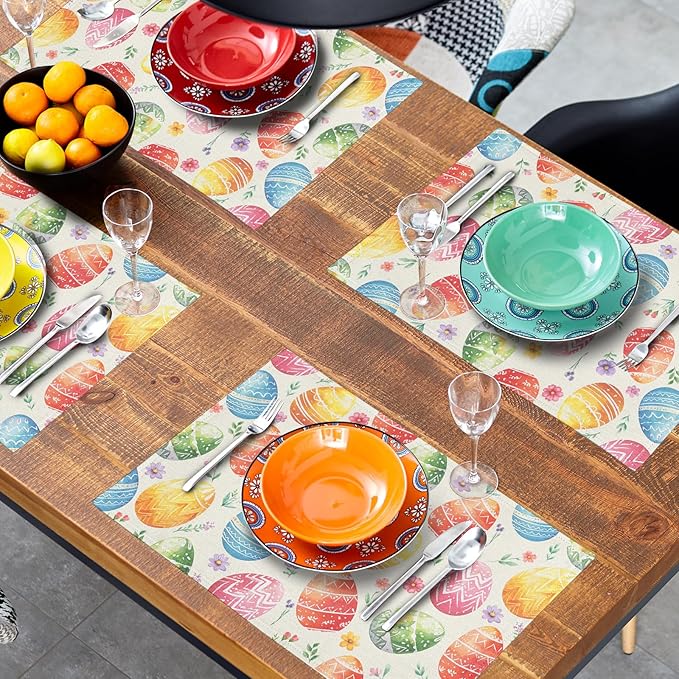 Easter Placemats Set of 4 Spring Colorful Easter Egg Floral Washable Non-Slip Heat Resistant Place Mats 12x18 Inch Rustic Linen Table Mats for Kitchen Dining Party Decor