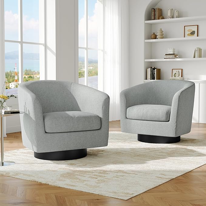 Swivel Barrel Accent Chair, Modern Round Chenille Fabric Arm Chair for Living Room, Bedroom, Comfy Club Reading Chairs for Adults(Chenille Fabric, Light Grey, Set of 1