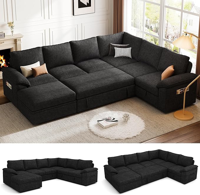 108 Inch Modular Sectional Sofa with Pull Out Bed,U Shaped 7 Seat Sectional Sleeper Sofa with Storage,Sectional Couches for Living Room,Cloud Modular Couch,Removable Sofa Cover,Black