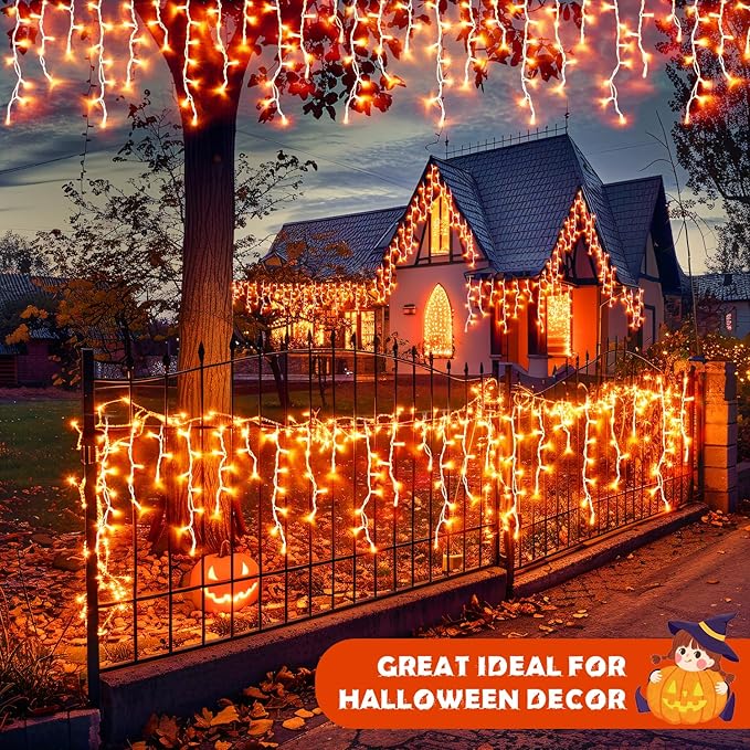 JMEXSUSS Orange Halloween Lights Outdoor, 800 LED Orange Icicle Lights Outdoor Waterproof, 8 Modes String Light Plug in for Fireplace Tree Garden Patio Thanksgiving Fall Halloween Decor
