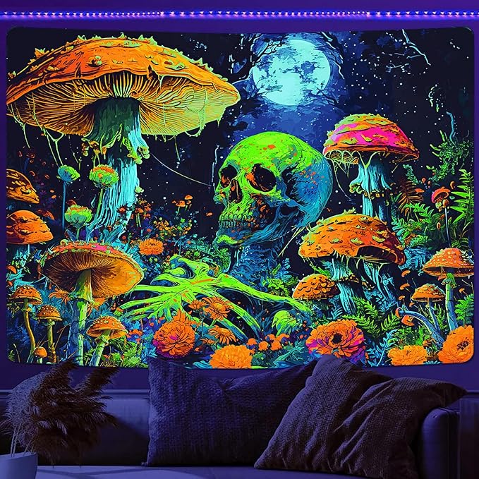 Xiaoput Blacklight Skull Wall Art, UV Reactive Neon Gothic Tapestry for Men, Glow in Dark Trippy Forest Wall Hanging for Home Decor, 90x70IN