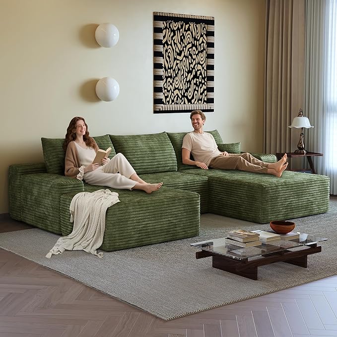 108" Sectional Couches for Living Room Modern Modular Sofa with L-Shape Couchs Upholstered Boneless Couch Deep Seat Sectional Couch with Chaise (Green, Right Facing Chaise+2Seaters+1Ottoman)