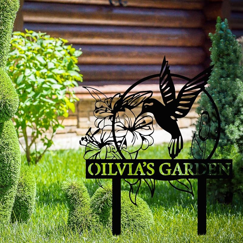 Custom Hummingbird Metal Garden Decor, Personalized Bird with Stakes Garden Sign, Flower Design Personalized Garden Sign, Custom Garden Name Sign, Home Gift, Large Outdoor Decor, Patio Decor