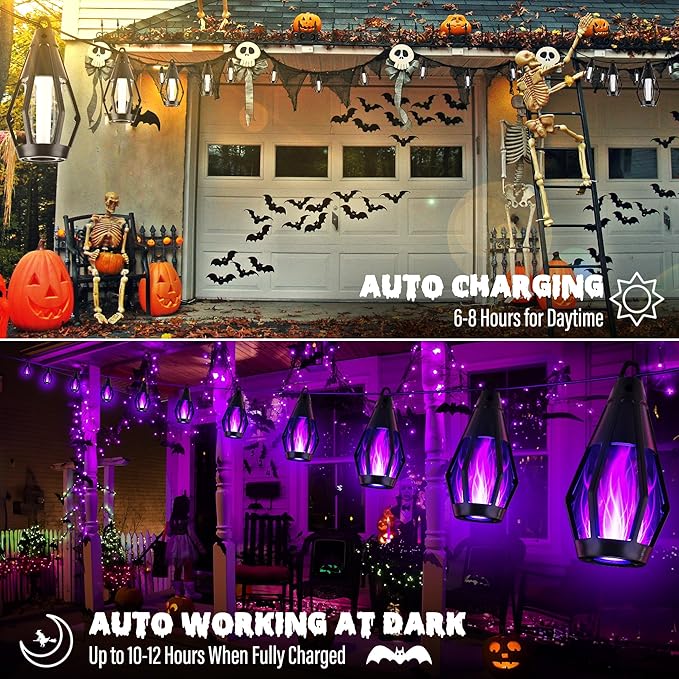 iBaycon Solar Halloween Lights, 27Ft 10 LED Bulbs Flickering Flame String Light, Outdoor Waterproof Solar Flame Lights for Garden Yard Patio Halloween Decorations (Purple)