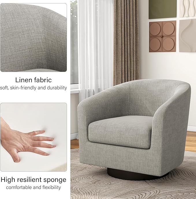 Swivel Barrel Accent Chair, Modern Round Linen Arm Chair for Living Room, Bedroom, Comfy Club Reading Chairs for Adults(Linen Fabric, Khaki, Set of 1