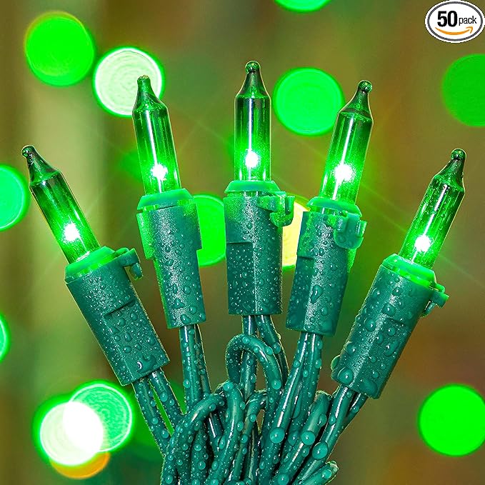 50-Count Green Christmas Tree Lights with Green Wire,13ft Incandescent Bulb Waterproof Fairy Lights,Plug in Mini String Lights for Holiday Decorations, Party, Xmas, Yard, Indoor & Outdoor